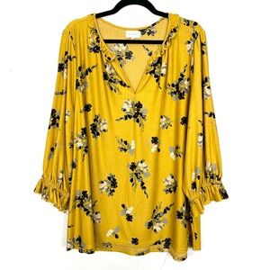 Melloday Yellow Floral Stretch Knit Top 3/4 Sleeve 2X mc